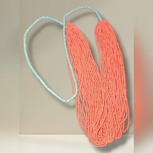 Multistrand Coral And Blue Grey Rustic Trade Bead 30 Strand Necklace